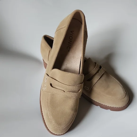 Vionic Tan Suede Penny Loafers Comfort Orthotic Slip On Flats - Picture 4 of 10
